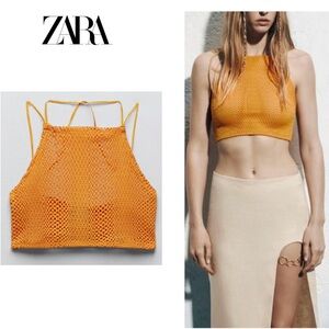 Zara orange perforated mesh knit stretchy halter top crop top strappy Sz M